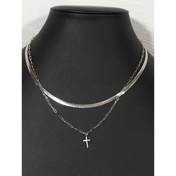 Unbranded Jewelry - Silver Tone Herringbone Chain Layered Dainty Cross Charm Necklace 16 in